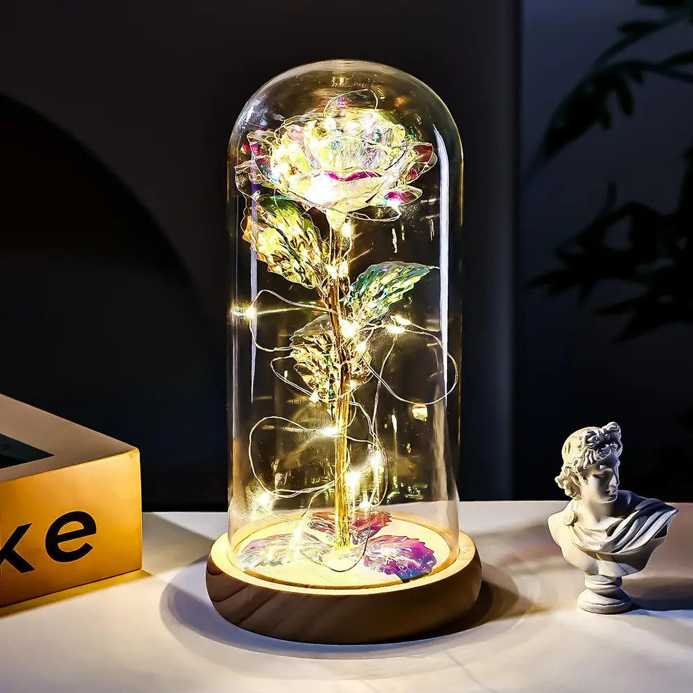 Eternal Rose LED Light glass Cover Flower Valentines Day Gift Wedding Party Decor Artificial Rose Flowers Light Christmas Gift