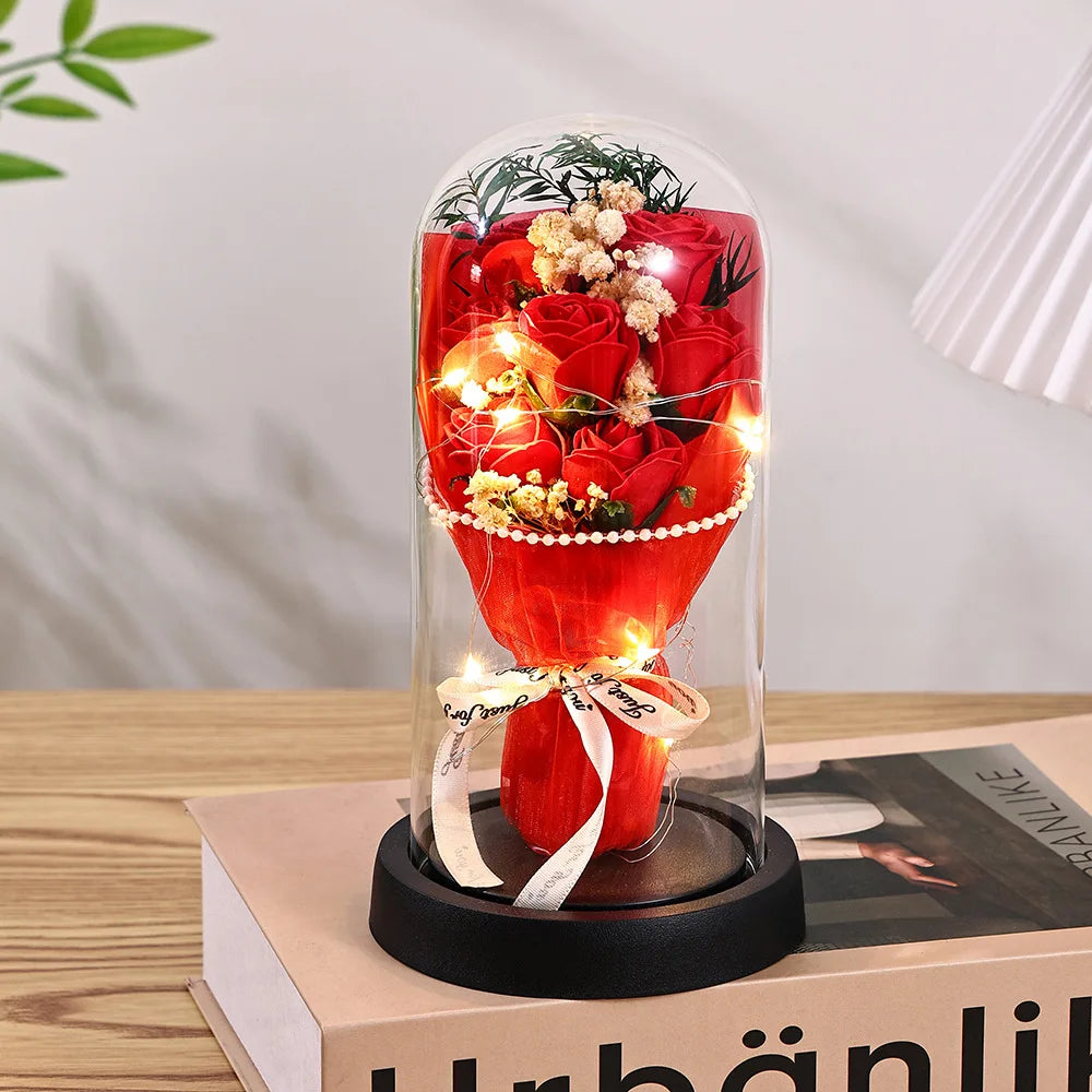 Eternal Rose LED Light glass Cover Flower Valentines Day Gift Wedding Party Decor Artificial Rose Flowers Light Christmas Gift