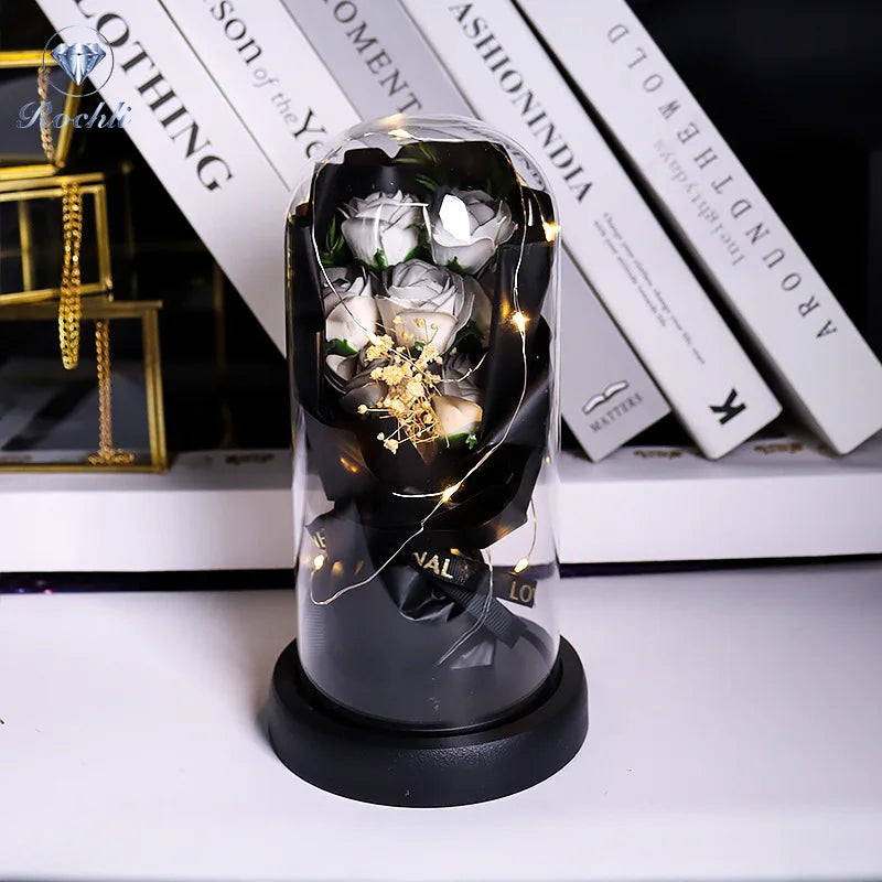 Everlasting Rose LED Glass Dome Bouquet Romantic Illuminated Ornament Perfect Valentine's Day Christmas Home Decor Romantic Gift