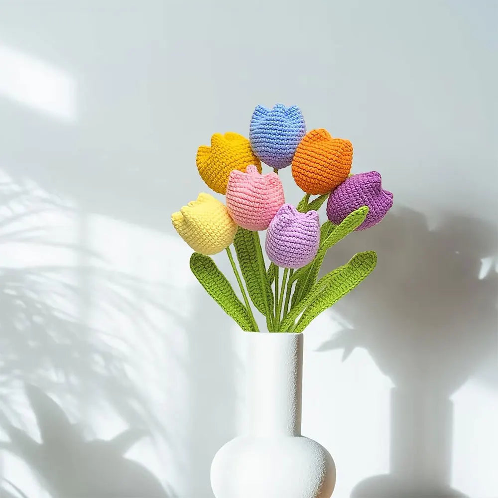 Hand Woven Roses Tulip Simulation Flower Preparation Handmade Flower Diy Wool Knitting Homemade Crochet Bouquet Finished Product