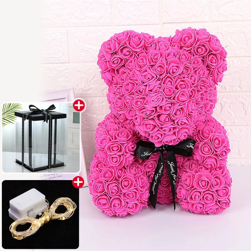 Oso de Rosas con Caja y Luz LED — Regalo Romántico, 7 Colores, San Valentín