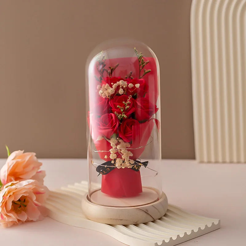 Eternal Rose LED Light glass Cover Flower Valentines Day Gift Wedding Party Decor Artificial Rose Flowers Light Christmas Gift