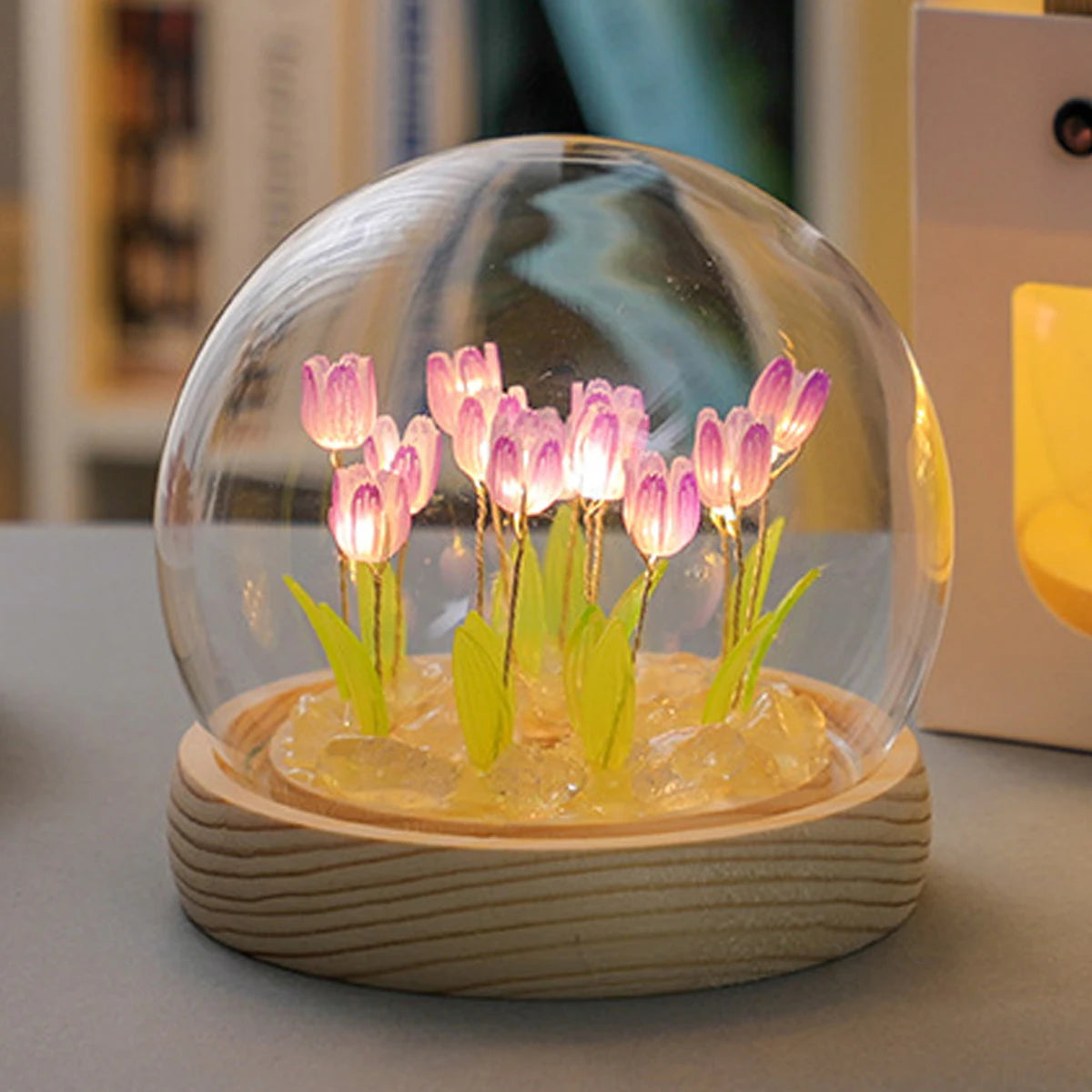 Artificial Flower Tulip Eternal Rose Flower Wedding Decor Handmade DIY LED Night Lamp Foil Glass Dome Preserved Flower Xmas Gift