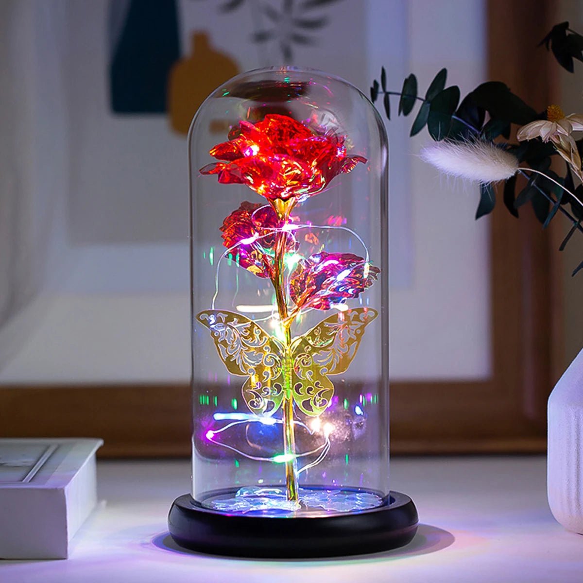 Artificial Flower Tulip Eternal Rose Flower Wedding Decor Handmade DIY LED Night Lamp Foil Glass Dome Preserved Flower Xmas Gift