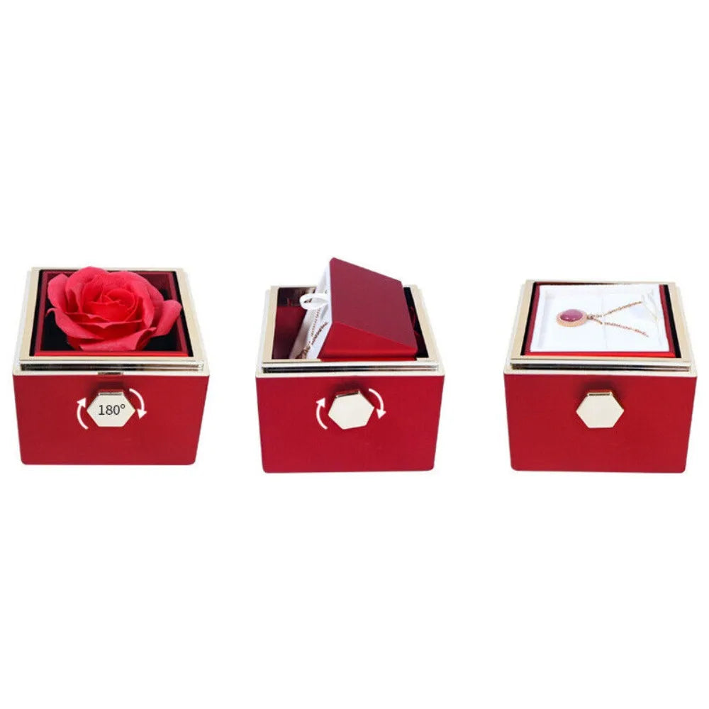 Eternal Rose Rotating Jewelry Box Soap Flower With Gift Bag Ring Box Transparent Lid Acrylic Storage Case Wedding Party