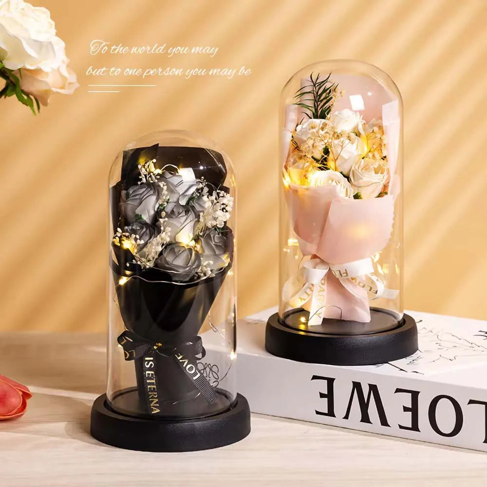 Real Touch Eternal Rose Dome with LED Lights Romantic Home Decor Preserved Flower Gift for Valentine Anniversary Wedding