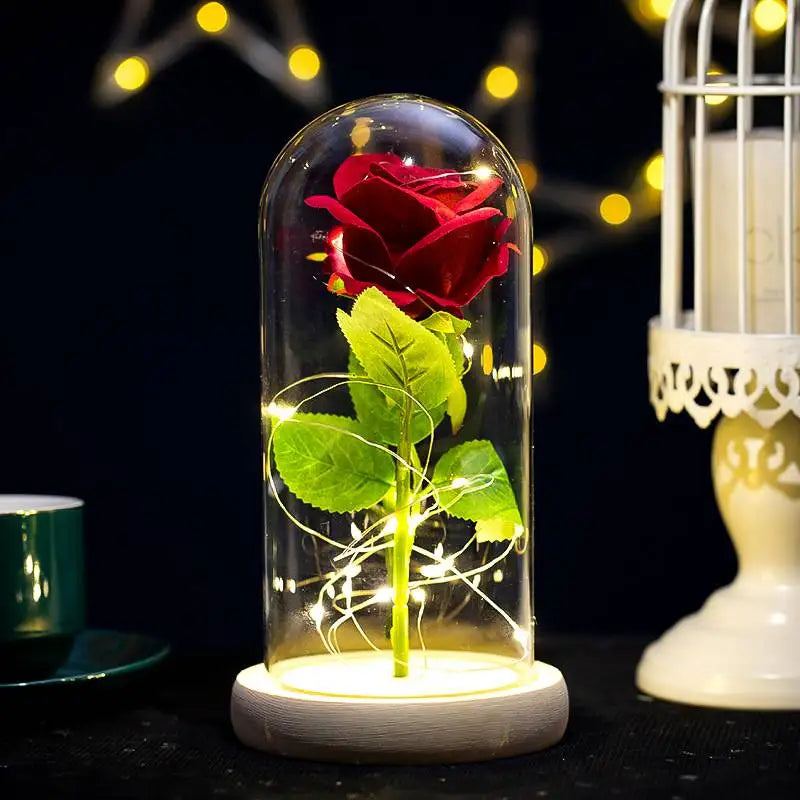 Artificial Rose Flowers Eternal Rose LED Light Foil Flower in Glass Cover Simulation Rose Flower Wedding Mother's Day Gifts