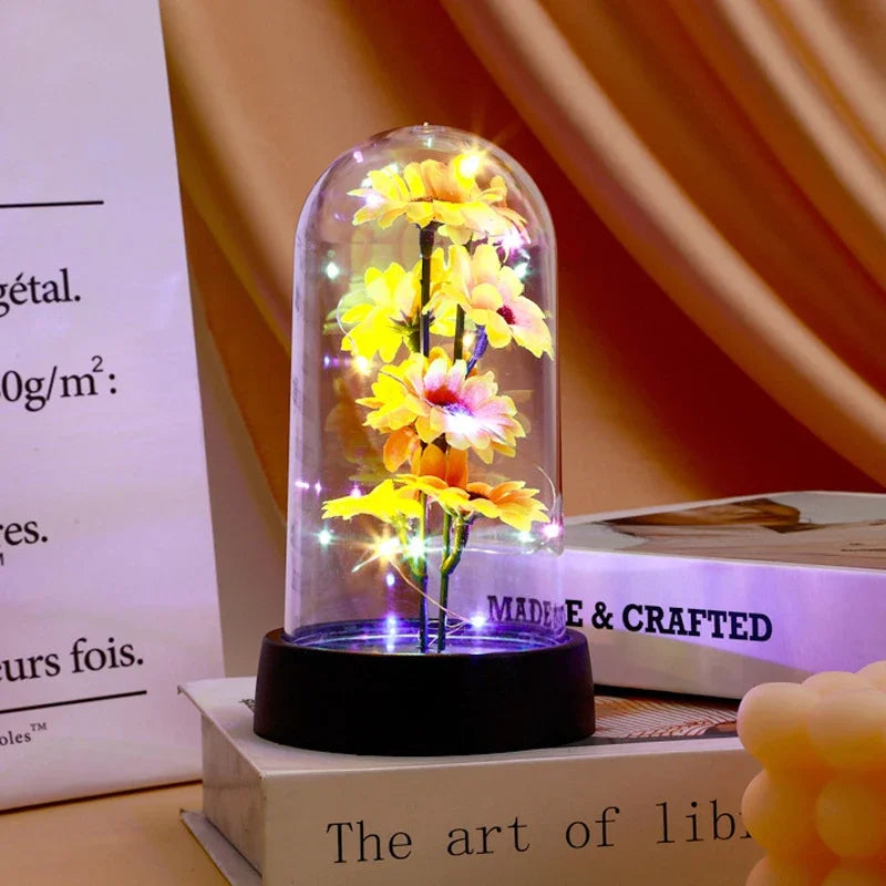 LED Night Light with Eternal Rose, Glass Cover Lamp, Sunflower Shade, Creative Desktop Decor