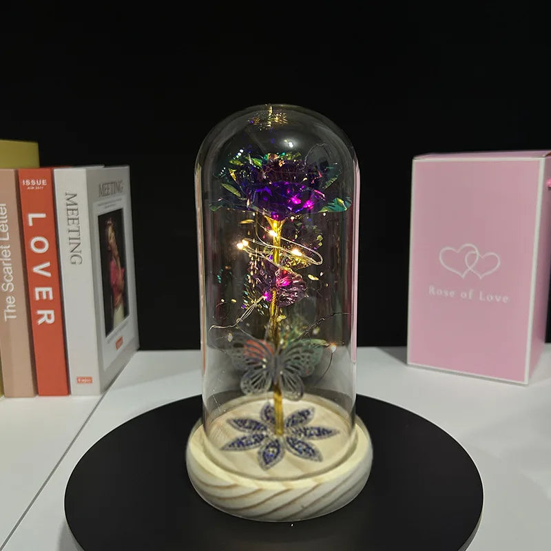 Rosa Galaxy de Cristal en Cúpula de Vidrio con LED — Regalo Cumpleaños, Mamá, Abuela y Esposa