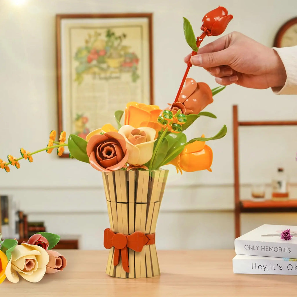 Ramo Floral de Bloques de Construcción — 868 piezas, Jarrón DIY, Regalo San Valentín