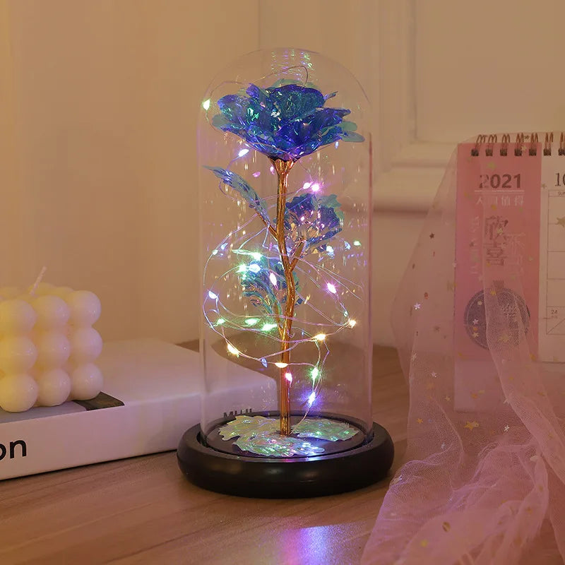 Wedding Galaxy Rose Flower Eternal Flower With Lights In Dome Forever Rose Red Rose Valentine'S Day Mother'S Day Romantic Gift