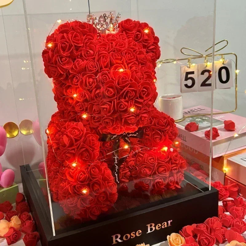 Eternal Rose Teddy Bear with Artificial Flower Birthday Anniversary Gift Decor Miniature Keepsake for Girlfriend Valentine Day