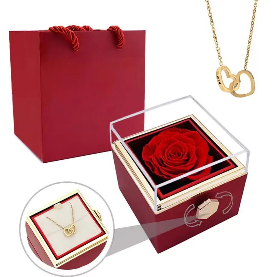 2025 New Eternal Real Rose Rotating box Double Heart Custom Engraved Name Steel Necklace for Valentines Birthday Jewelry Gift