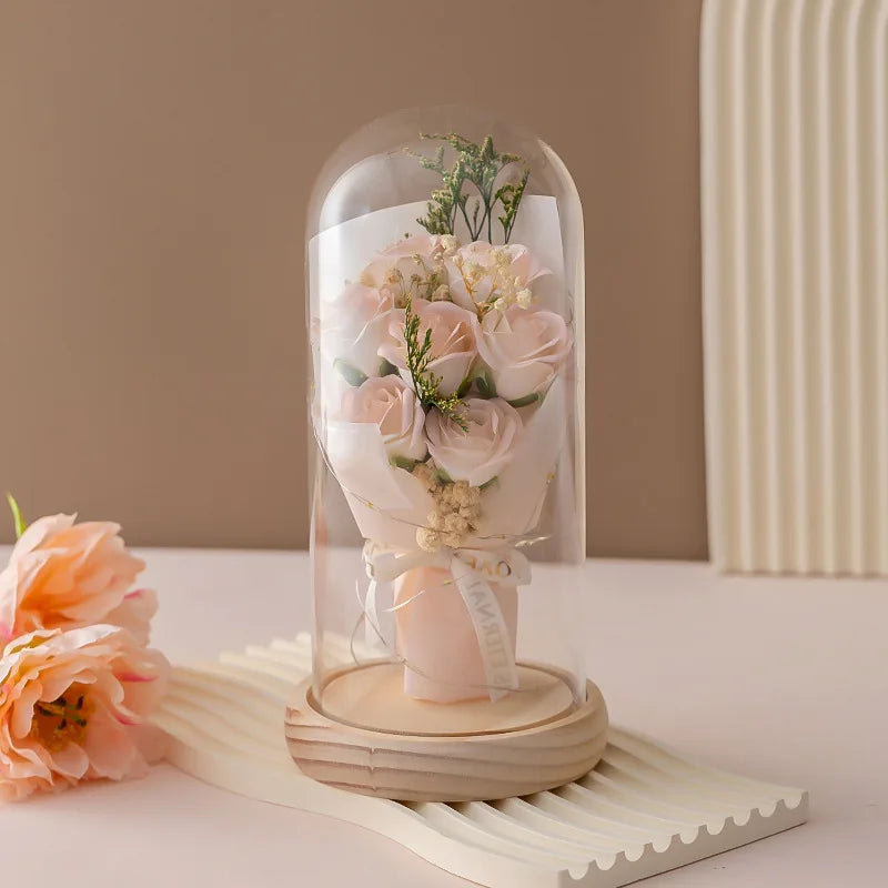 Eternal Rose LED Light glass Cover Flower Valentines Day Gift Wedding Party Decor Artificial Rose Flowers Light Christmas Gift