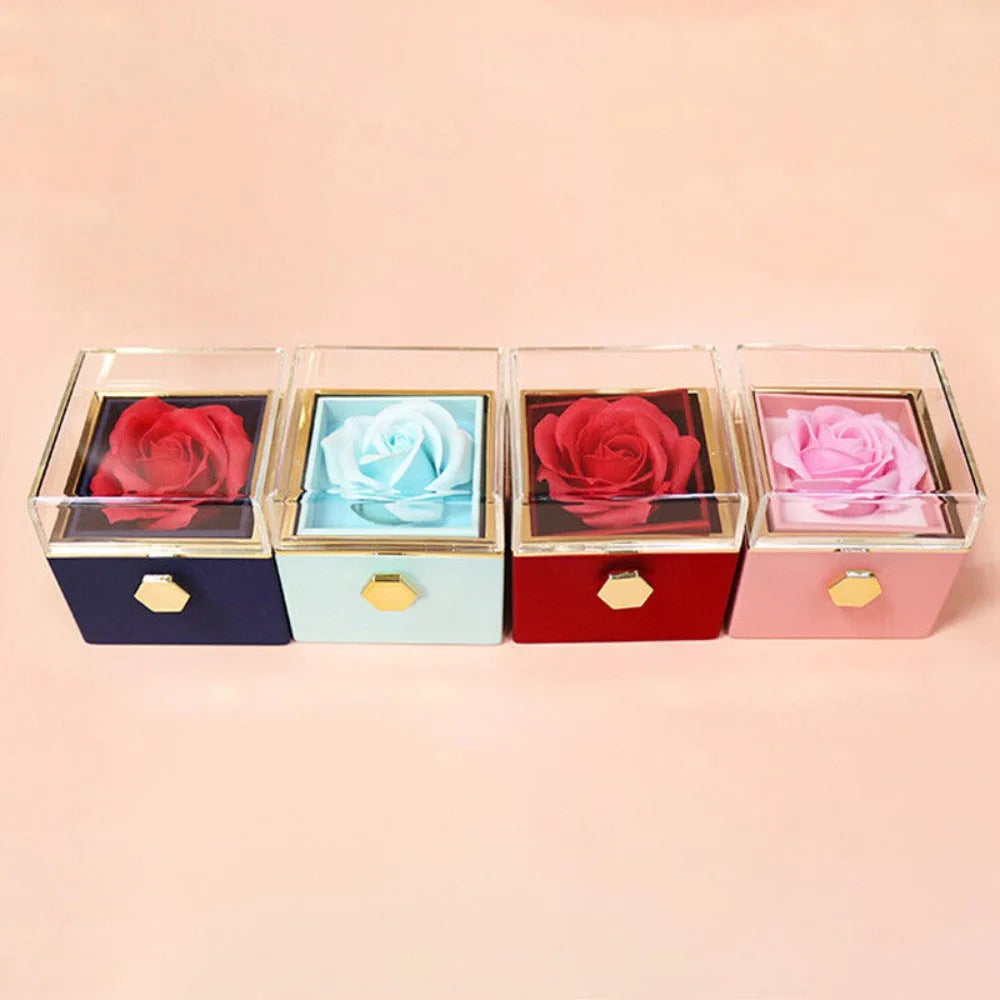 Eternal Rose Rotating Jewelry Box Soap Flower With Gift Bag Ring Box Transparent Lid Acrylic Storage Case Wedding Party