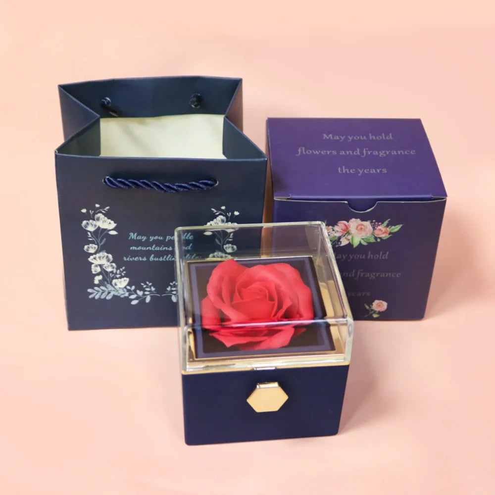 Eternal Rose Rotating Jewelry Box Soap Flower With Gift Bag Ring Box Transparent Lid Acrylic Storage Case Wedding Party