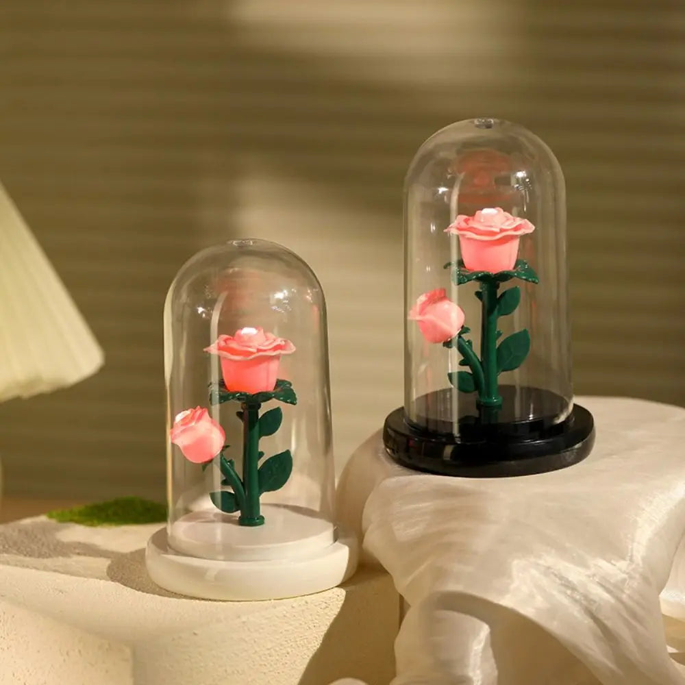 Romantic Eternal Rose Lamp with Lampshade Luminous LED Flower Light Pink Simple Rose Flower Night Light Wedding Decor