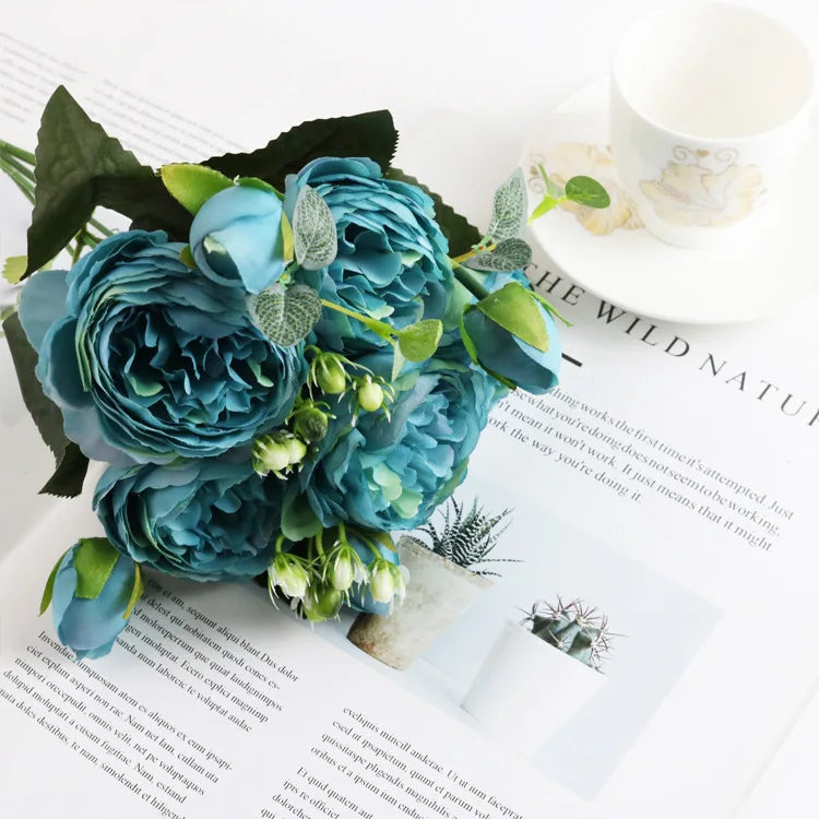 Ramo de Peonía y Rosa de Seda — 12 Colores, Hogar, Boda y Decoración Festiva