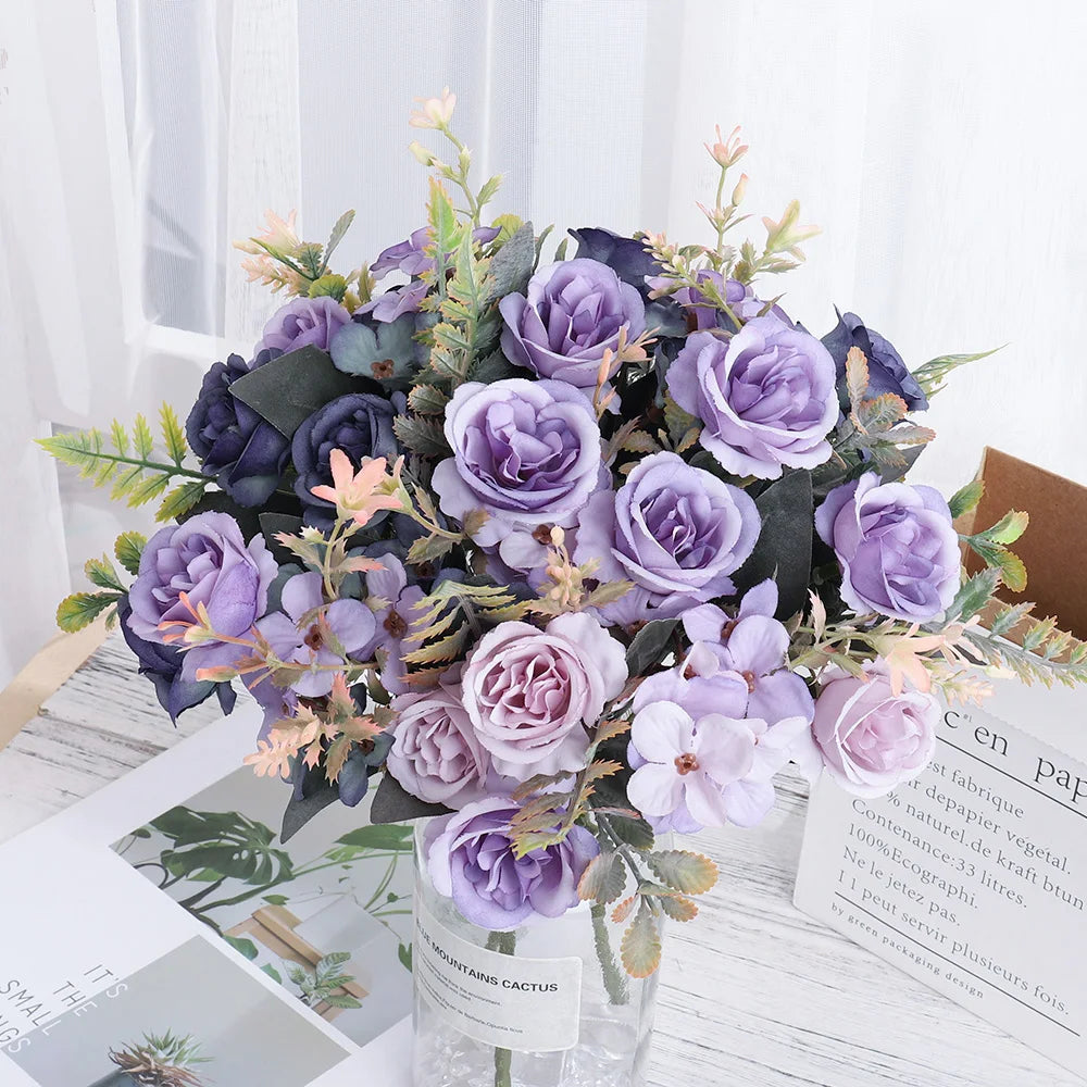 Ramo de Rosas e Hortensias de Seda — 12 Colores, Novia, Fiesta y Mesa