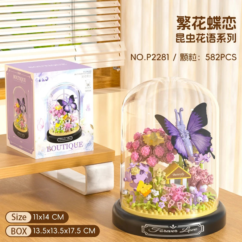 Eternal Flower Red Rose Bouquet Desktop Decoration Bonsai Romantic Building Blocks Bricks DIY Toy Valentine's Day Gift for Girls
