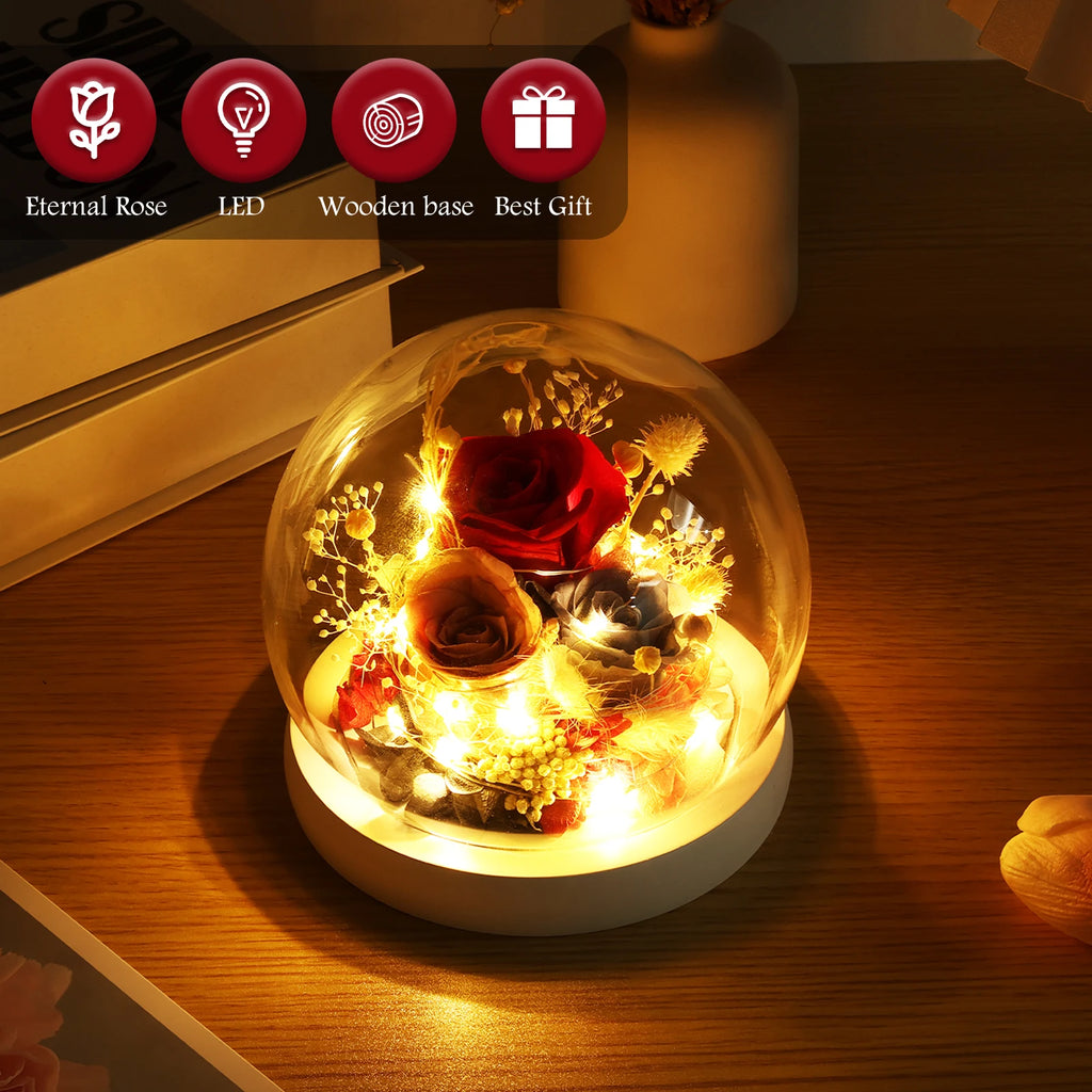Artificial Flower Tulip Eternal Rose Flower Wedding Decor Handmade DIY LED Night Lamp Foil Glass Dome Preserved Flower Xmas Gift