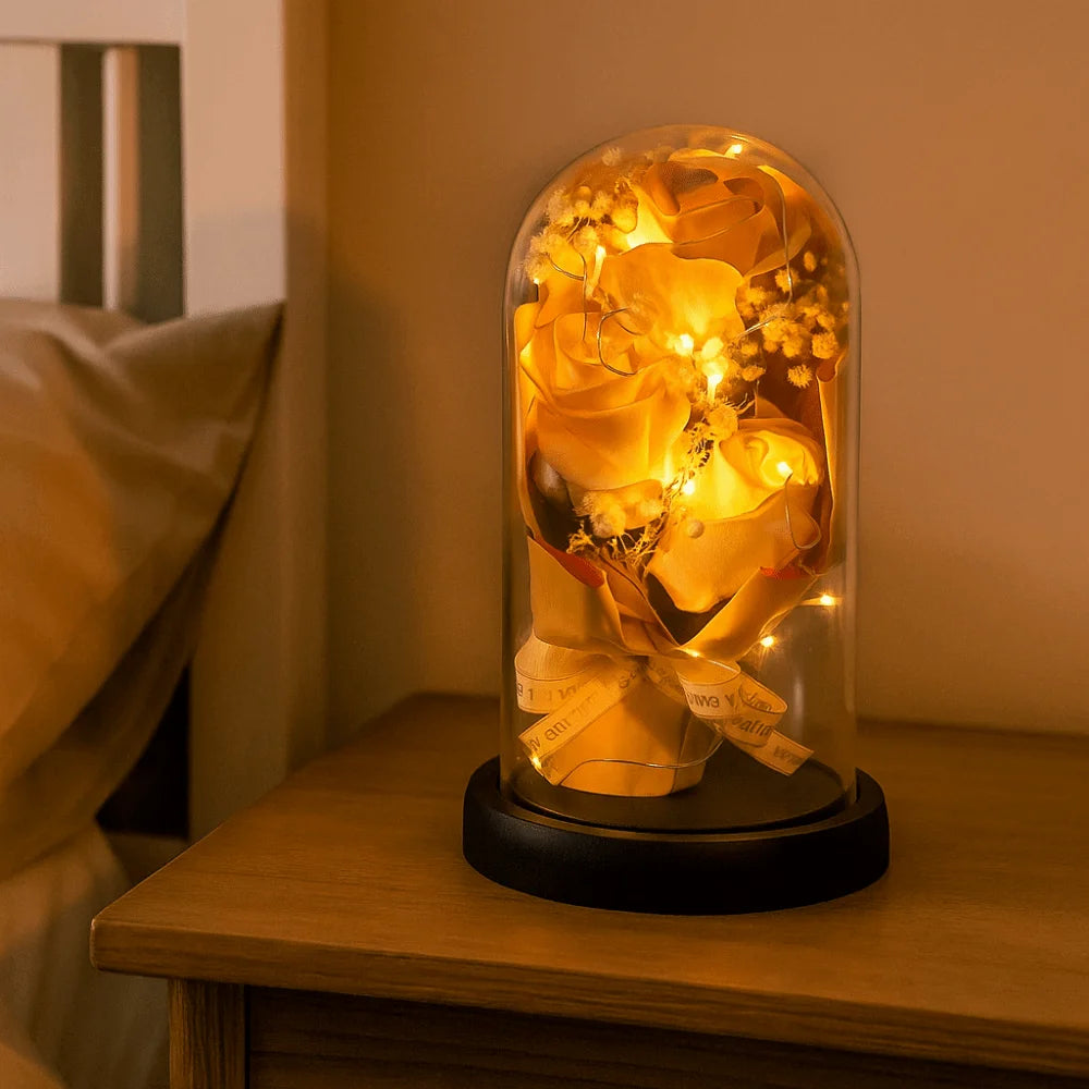 Romantic Eternal Rose Light 3 Heads Soap Flower Transparent Dome Artificial Rose Light Luminous Realistic LED Eternal Flower