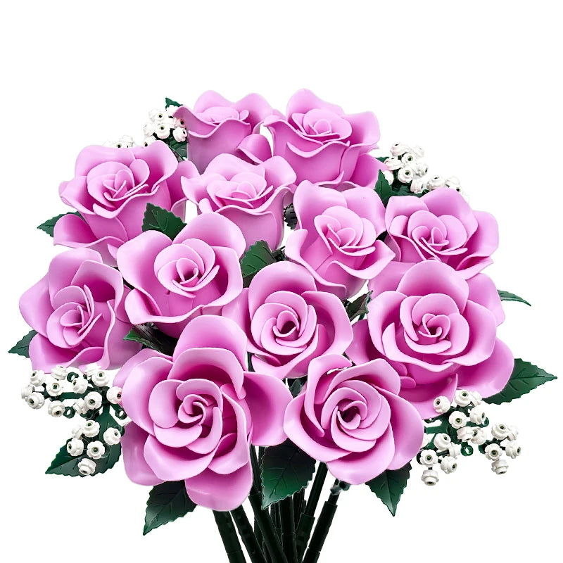 Ramo de Rosas en Bloques de Construcción — Set Romántico DIY, 12 Rosas, Decoración Hogar