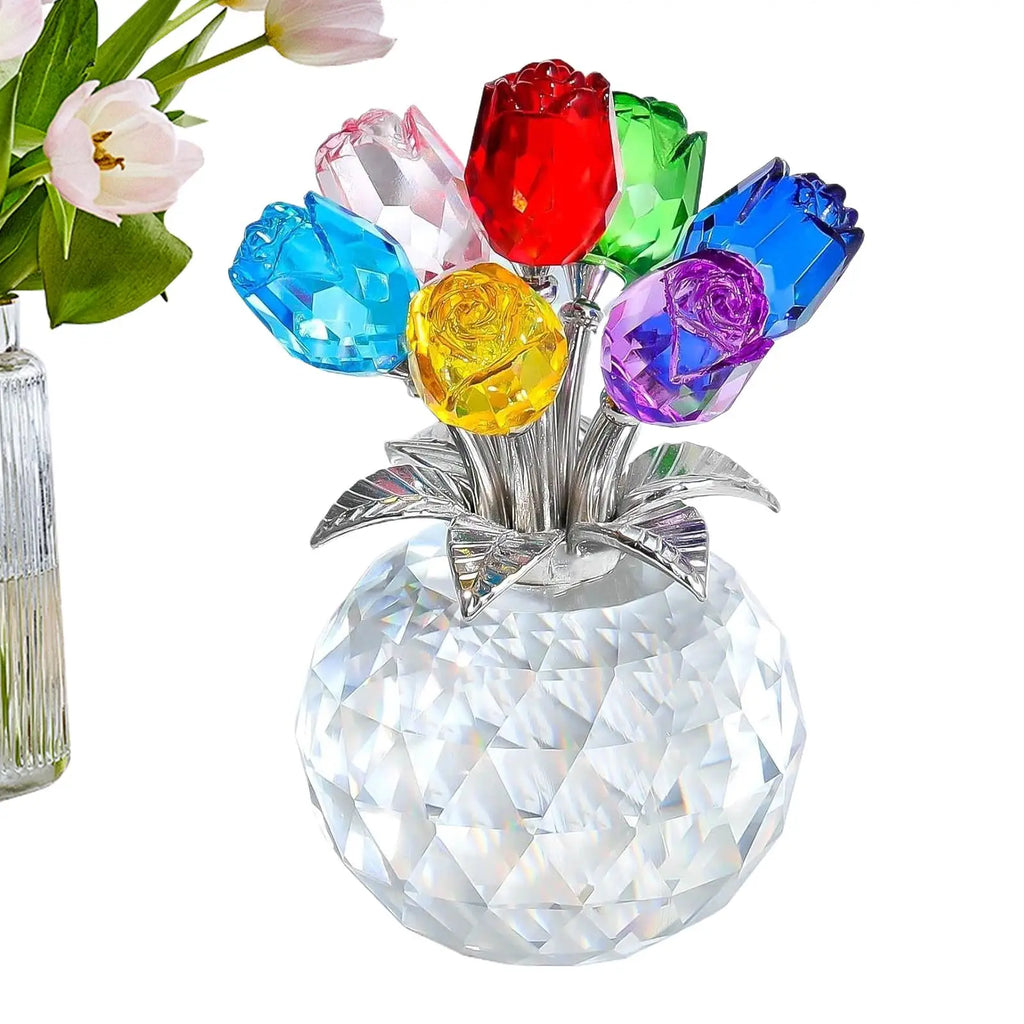 Crystal Gemstone Rose Flower Colourful Rose Bouquet Eternal Ornament Gift Figurine Decor Rose For Anniversary Valentines Gifts