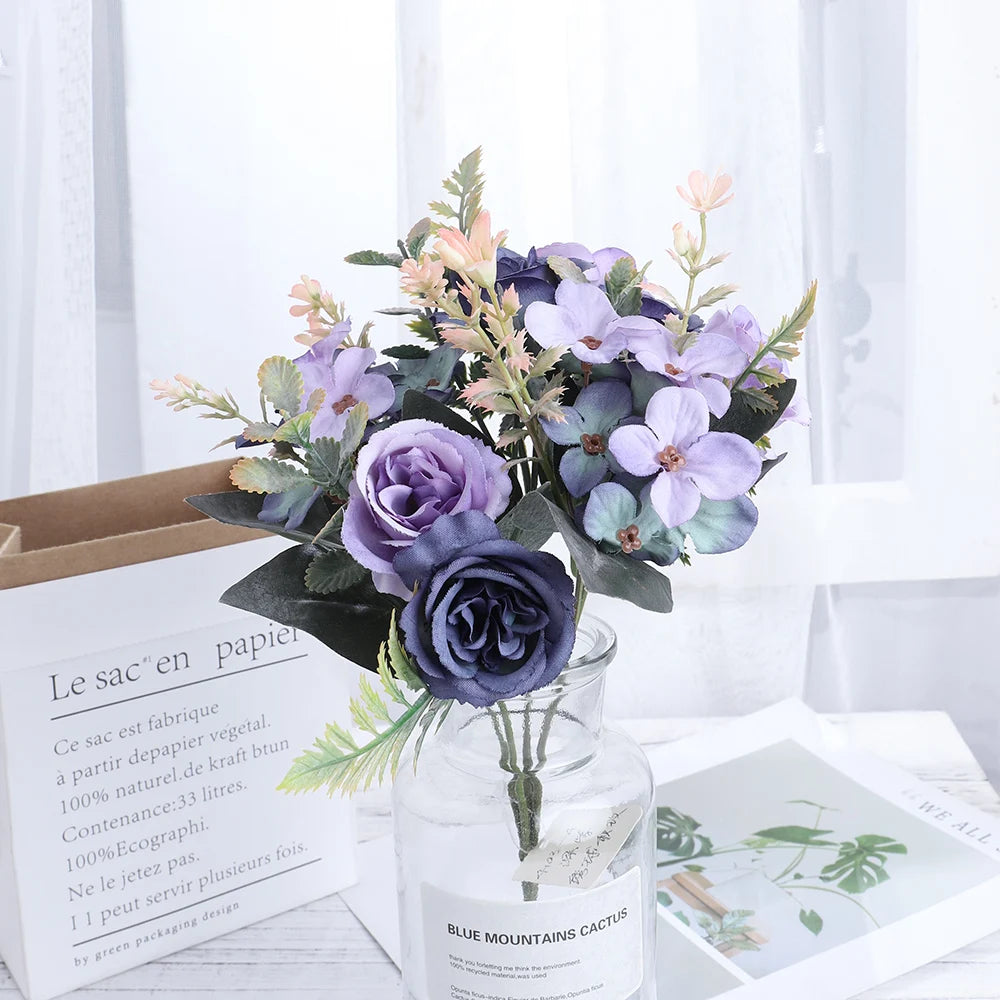 Ramo de Rosas e Hortensias de Seda — 12 Colores, Novia, Fiesta y Mesa