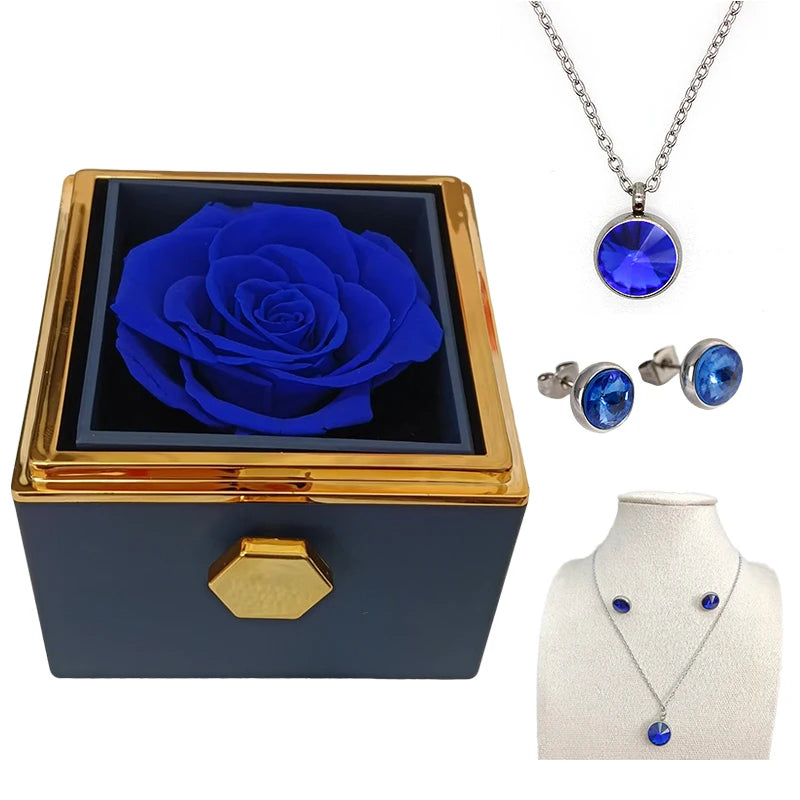 Perserved Real Blue Rose with necklace Eternal Flowers Gift for Her Wife Girlfriend Mom Grandma Birthday anniversary present