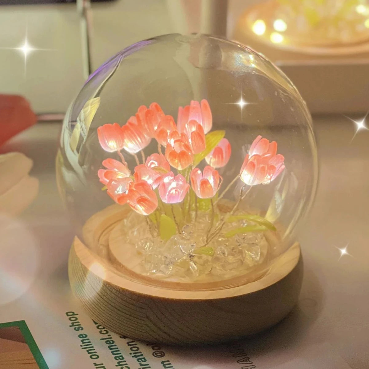 Artificial Flower Tulip Eternal Rose Flower Wedding Decor Handmade DIY LED Night Lamp Foil Glass Dome Preserved Flower Xmas Gift