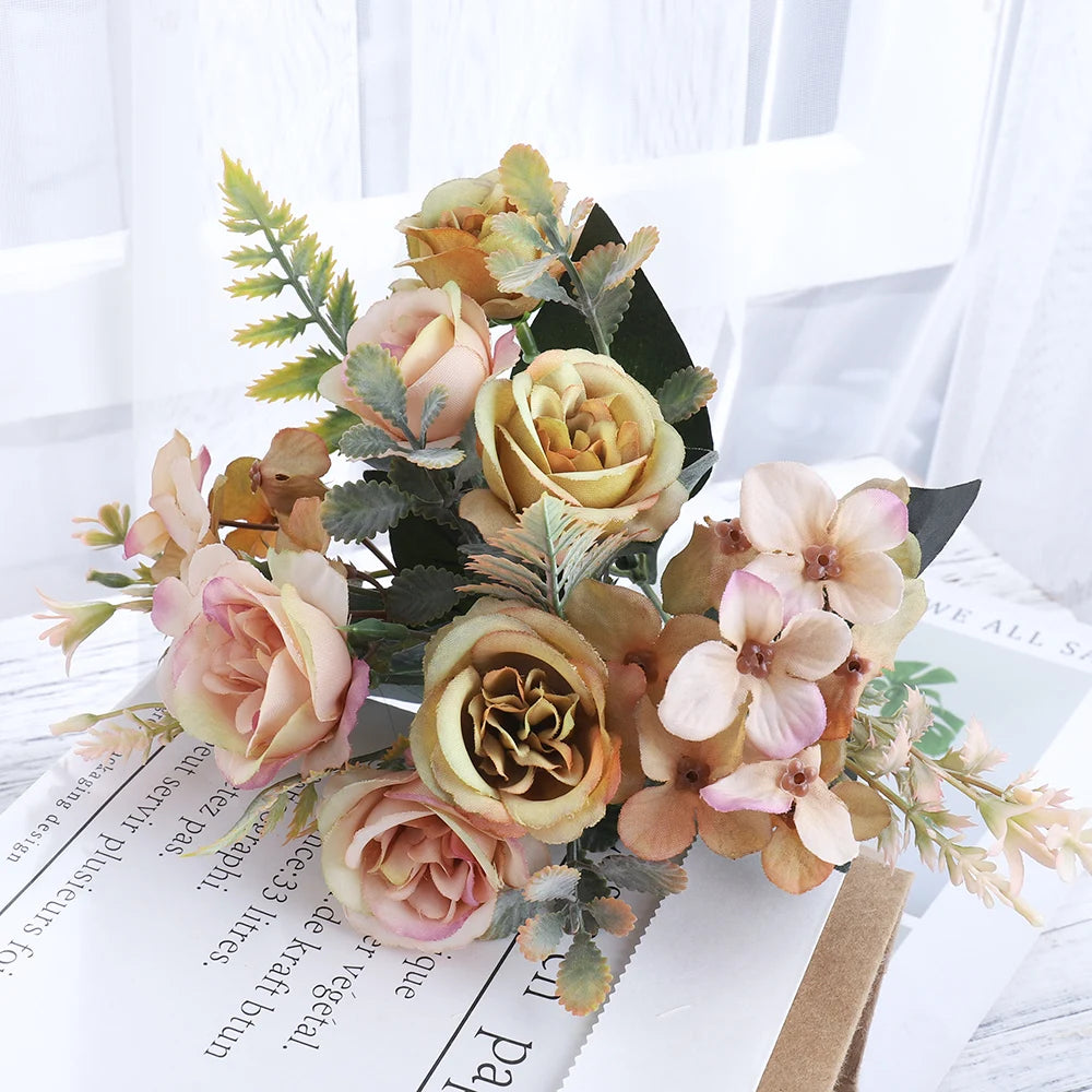 Ramo de Rosas e Hortensias de Seda — 12 Colores, Novia, Fiesta y Mesa