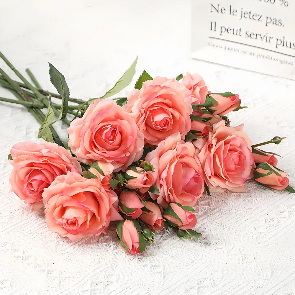 Real Touch Romantic Rose Artificial Flowers (1 Flower + 2 Buds) Moisturizing Texture for Home Decor Wedding Bridal Bouquet