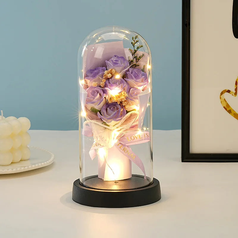 Wedding Birthday Valentine Day Gift Eternal Rose Flower Colorful Luminous Ornament for Women Mom Girlfriend Wife Home Decoration