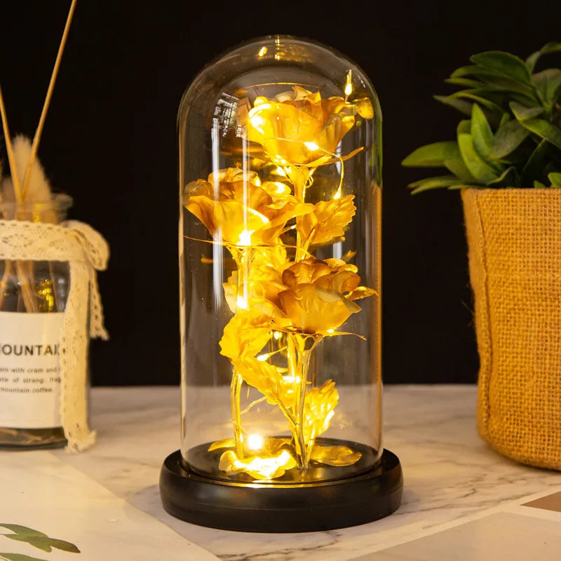 Rosa de Cristal con Luz en Cúpula de Vidrio — Regalo Navidad, Aniversario y San Valentín