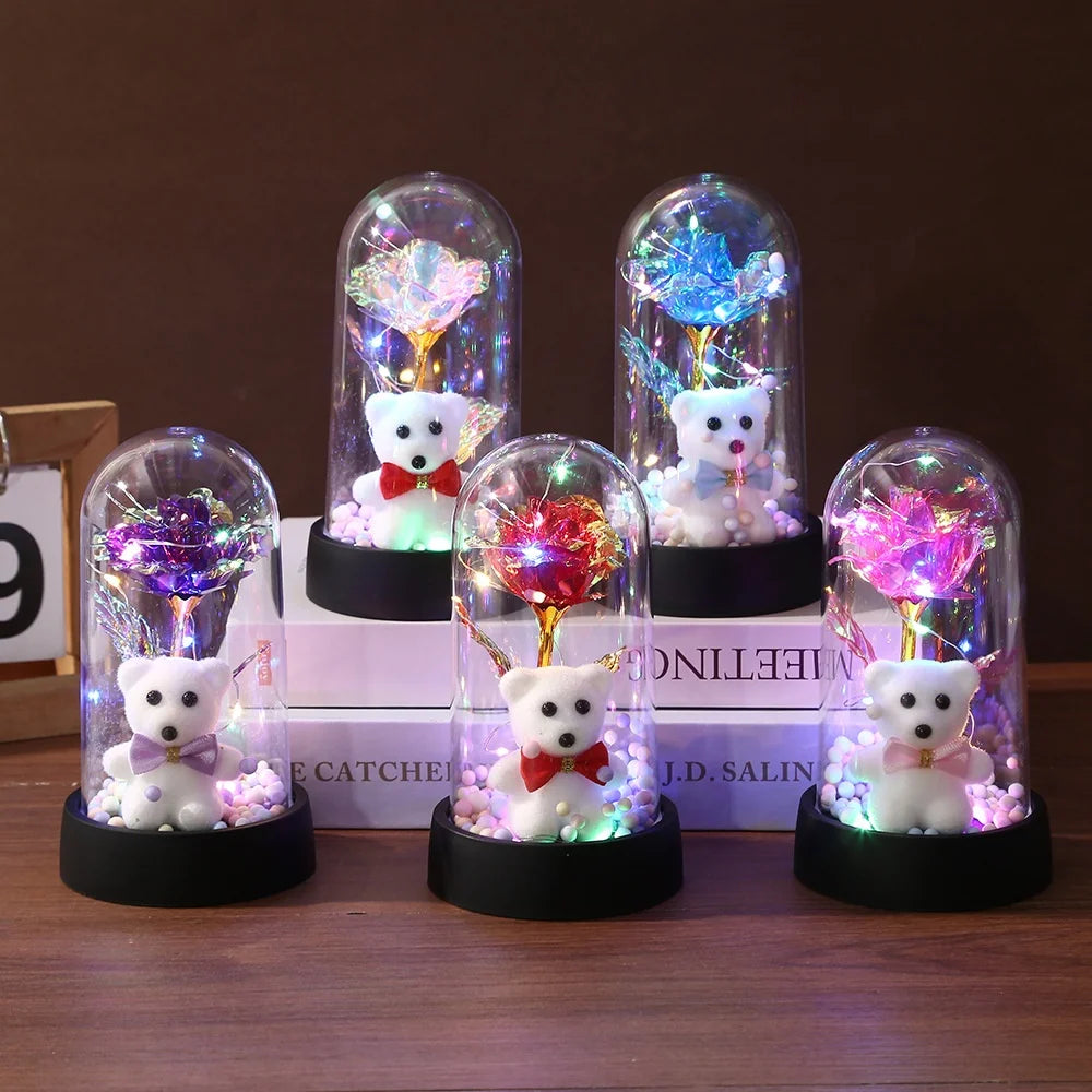 Artificial Rose Foil Flower Bear Decoration with LED Light for Girlfriend Eternal Rose Valentine's Day Wedding Christmas Gifts