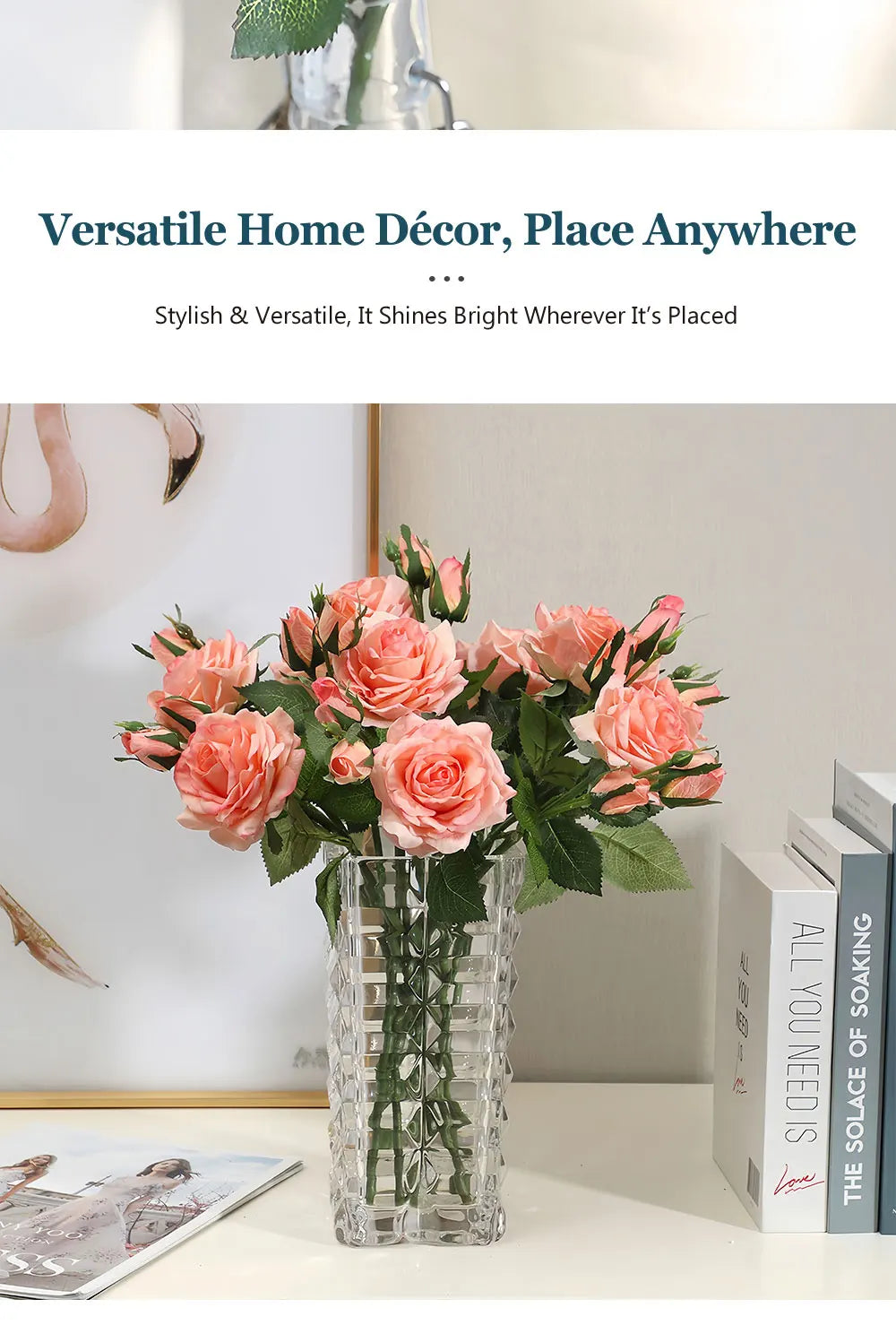 Real Touch Romantic Rose Artificial Flowers (1 Flower + 2 Buds) Moisturizing Texture for Home Decor Wedding Bridal Bouquet