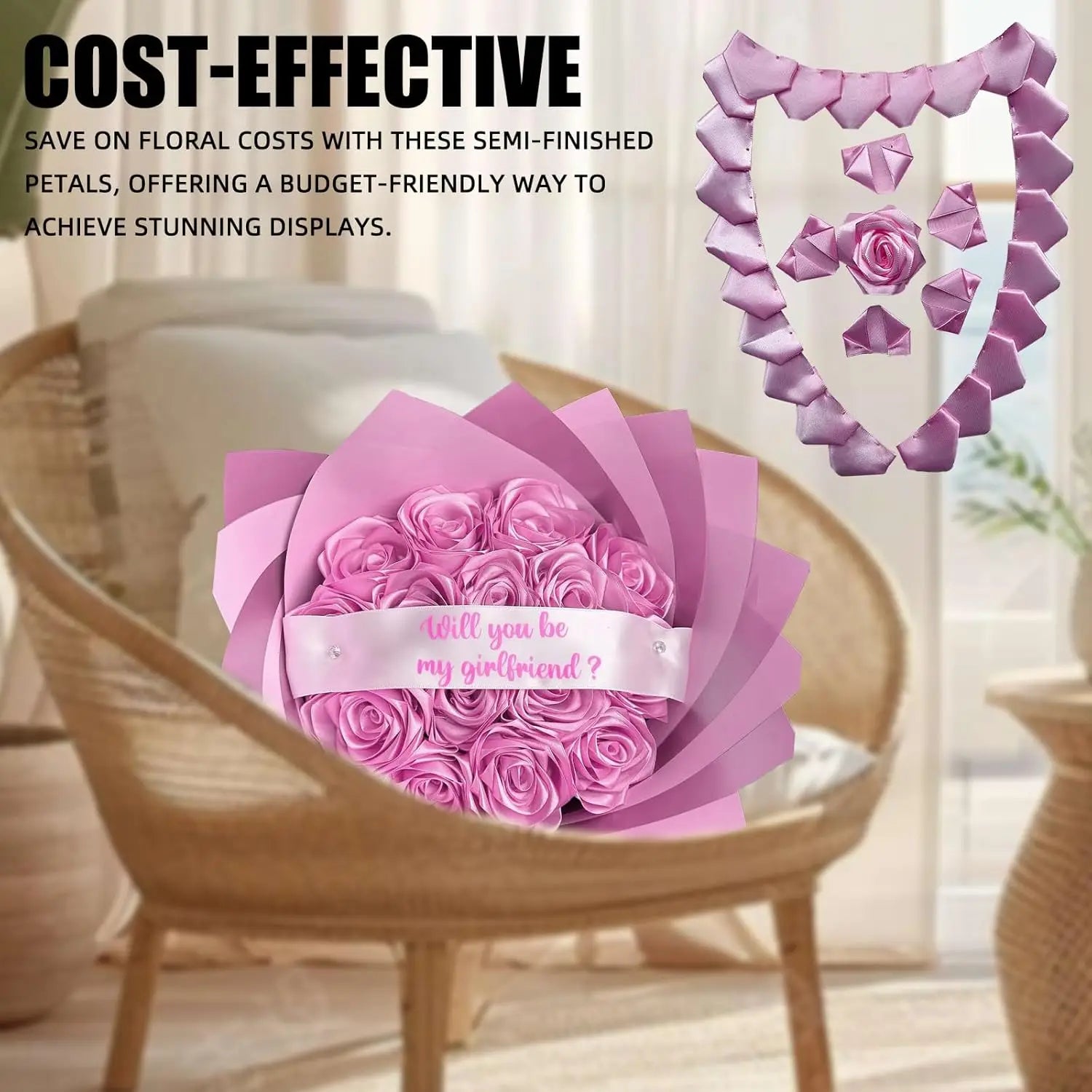 Yannew 300pcs Premade Handcrafted Silk Rose Petals for DIY Eternal Rose Flowers Bouquets with Stem Leaf Birthday Gifts for Women
