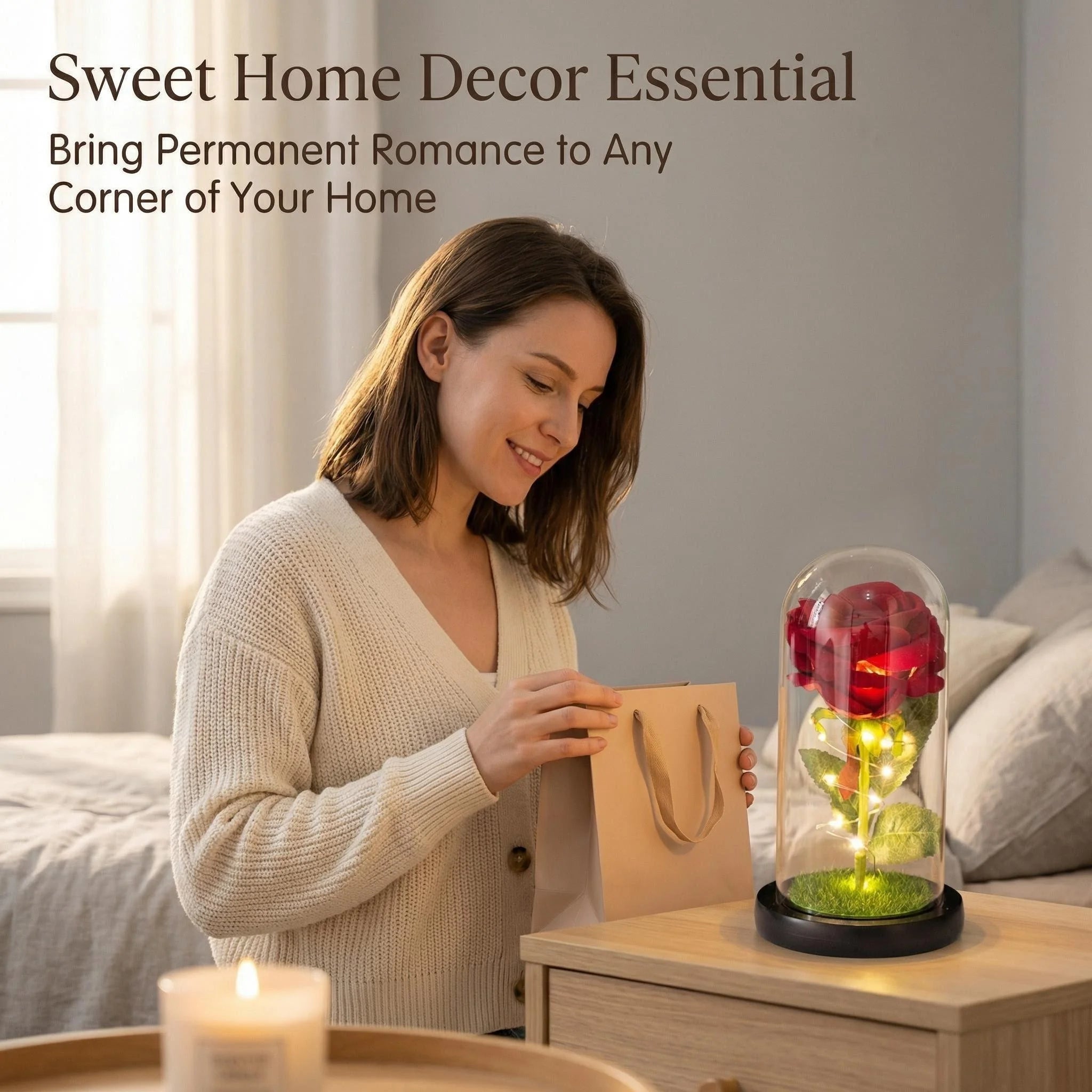 Creative Eternal Rose Glass Cover Ornament  LED Light Simulation  Flower  Mother's Day Valentine's Day Gift Anniversary Blessing