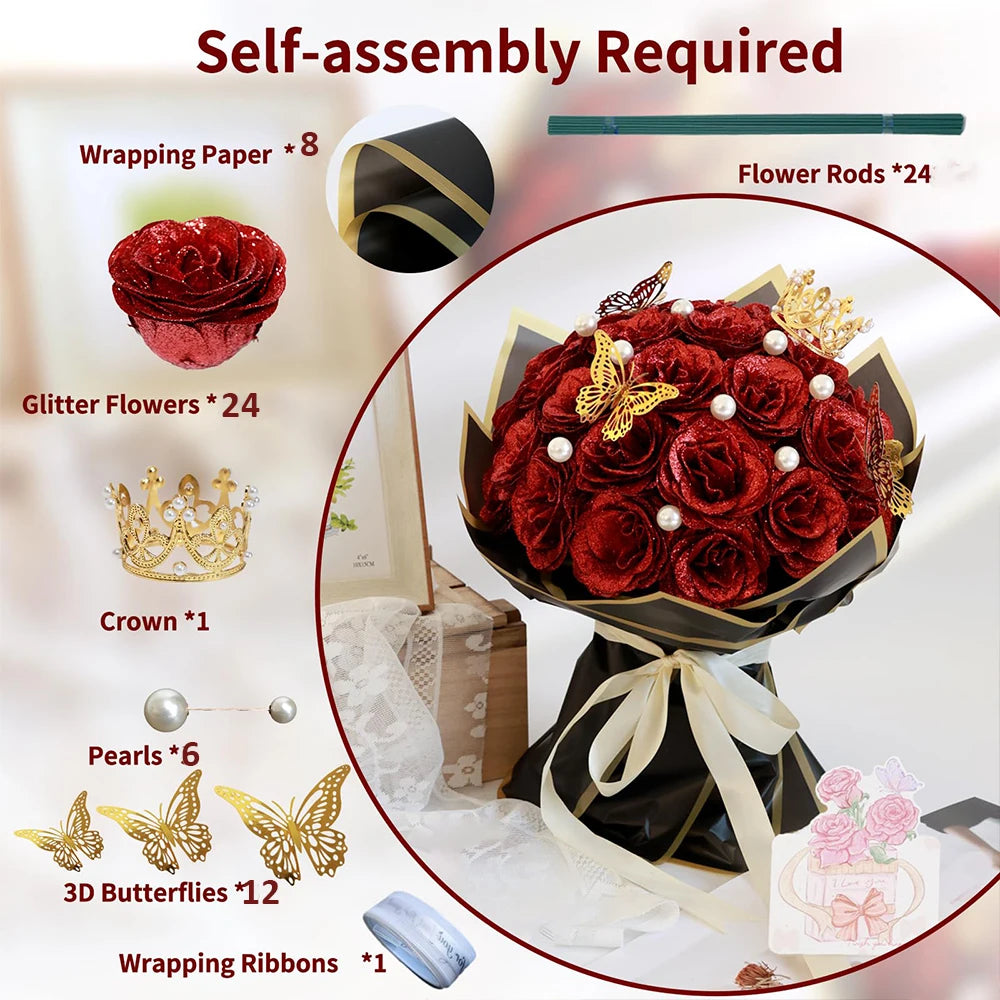 Ramo de Rosas Brillantes con Purpurina — Set 12 o 24 Rosas, San Valentín y Aniversario