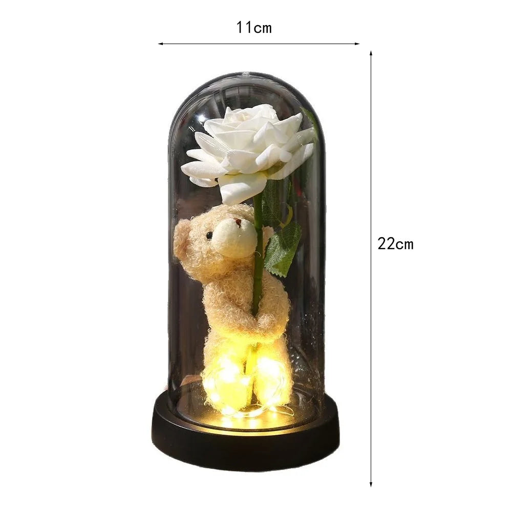 Eternal Rose in Glass Dome Artificial Flower with Bear Desk Accessories Christmas Valentine's Day Gifts Party Favors