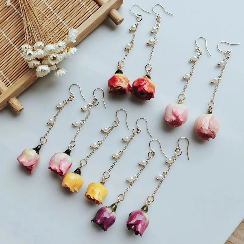 Immortal Rose Flower Earrings Elegant Epxoy Resin Dried Flower Earrings Colorful Rose Natural Plant Hoop Earrings Custom Jewelry