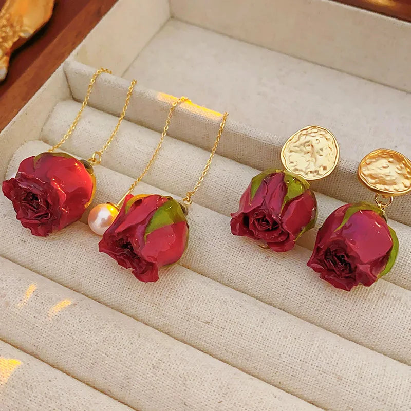 New Red Eternal Rose Dangle Earrings for Women French Elegant Temperament Earring Vintage Luxury Jewelry Manufacturers Wholesale