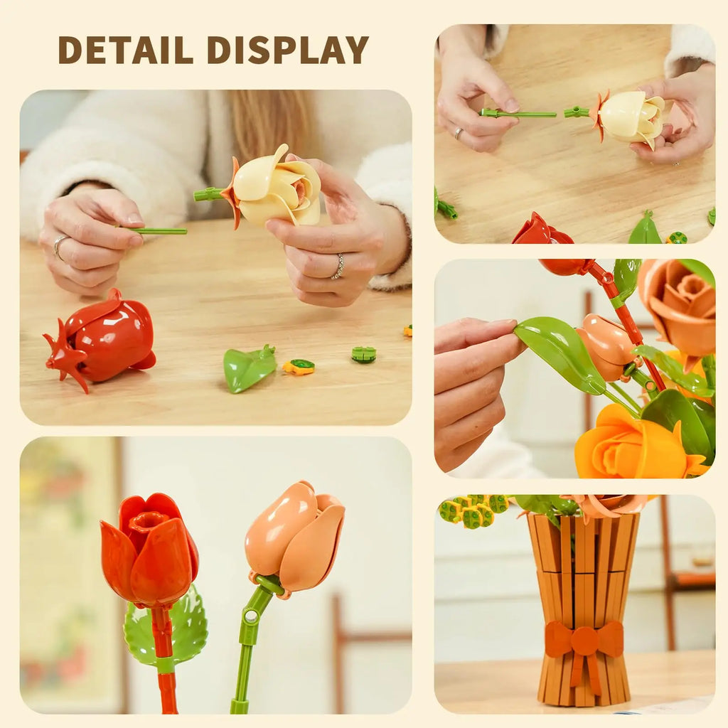 Ramo Floral de Bloques de Construcción — 868 piezas, Jarrón DIY, Regalo San Valentín
