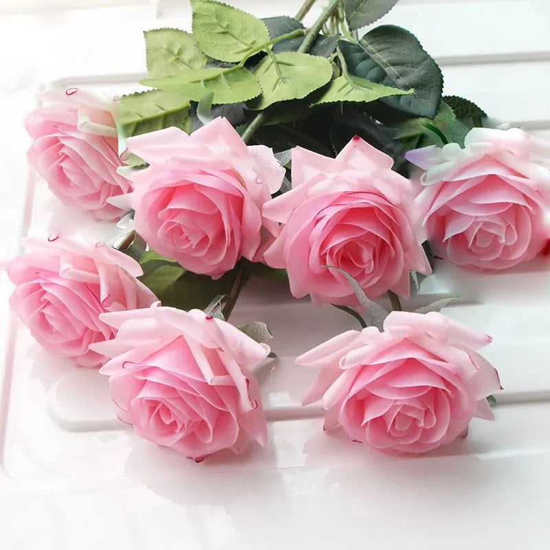 7pcs Pink Rose Artificial Flowers Real Touch Silk Flowers For Home Wedding Table Bouquet Party Decoration