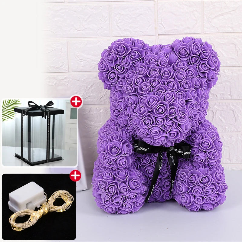 Oso de Rosas con Caja y Luz LED — Regalo Romántico, 7 Colores, San Valentín