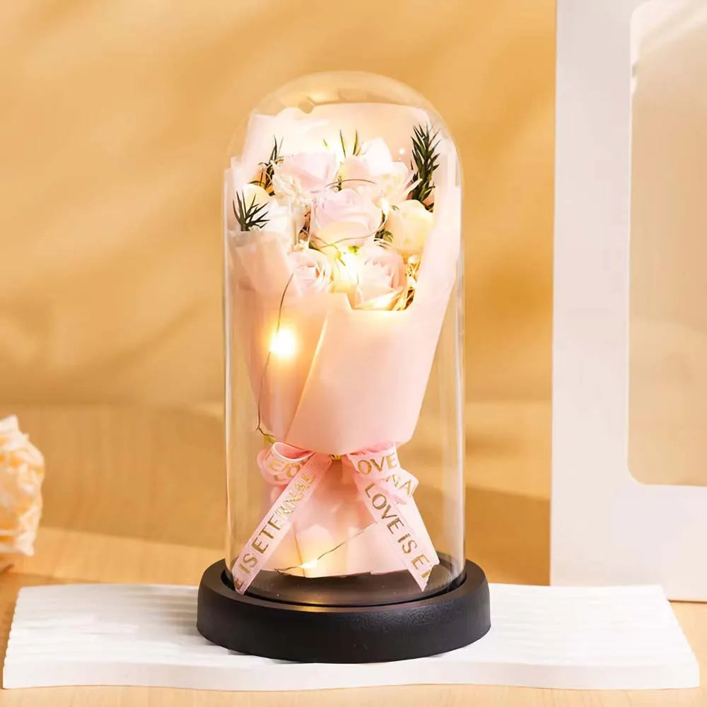 Real Touch Eternal Rose Dome with LED Lights Romantic Home Decor Preserved Flower Gift for Valentine Anniversary Wedding