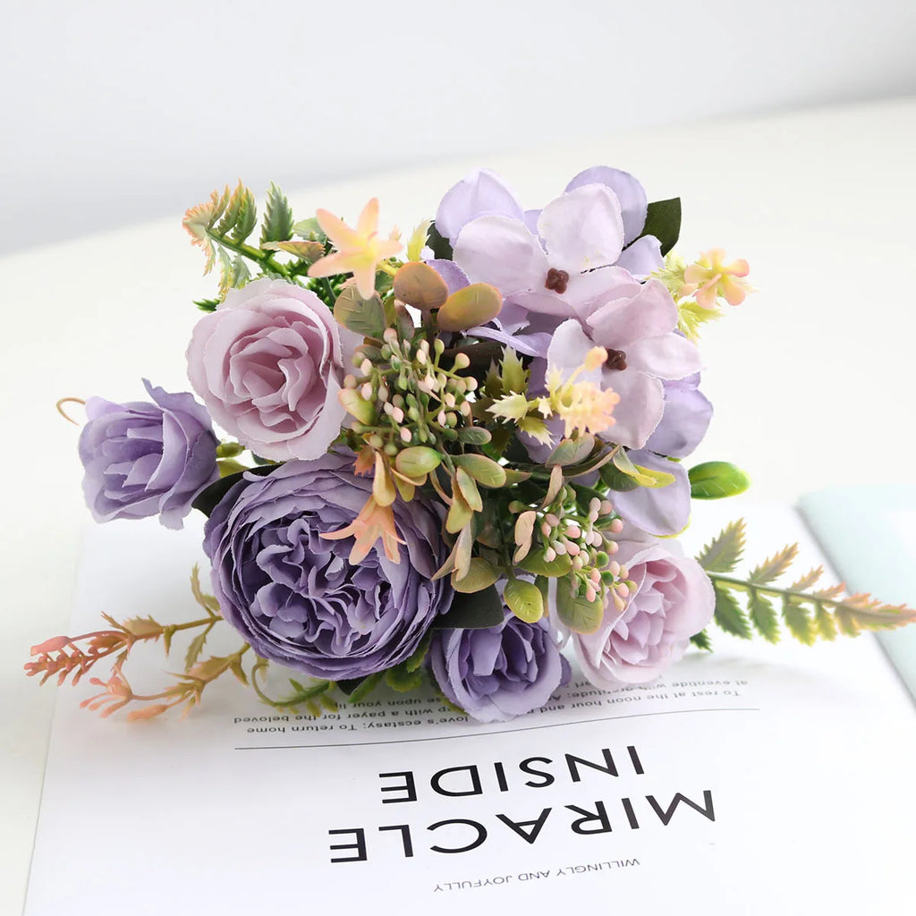 Ramo Retro de Peonía y Rosa de Seda — Decoración Otoño, Hogar y Bodas, 4 Colores