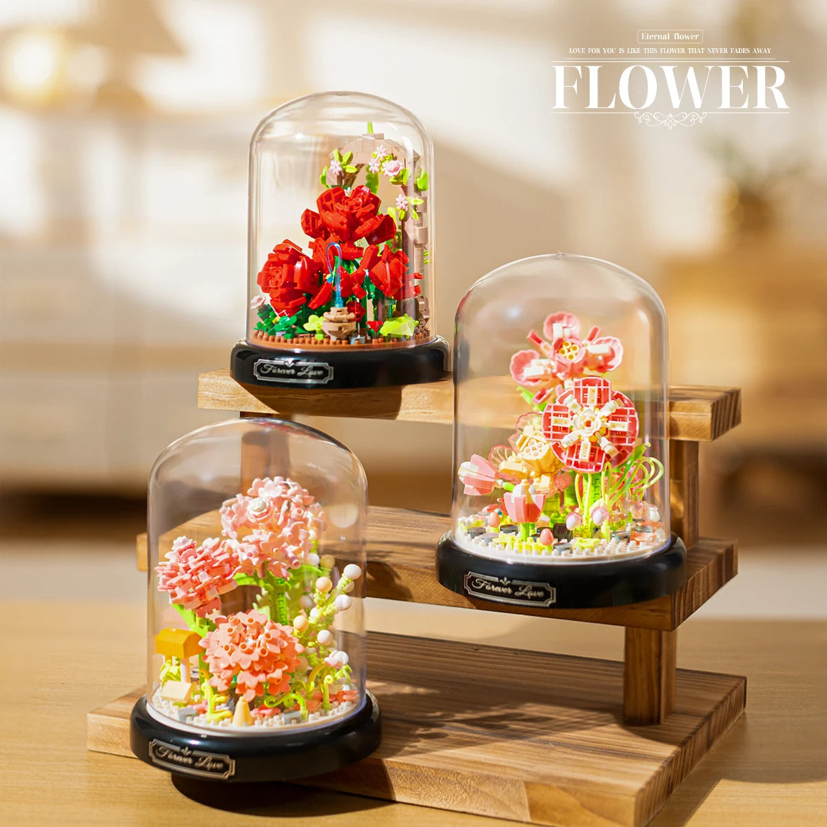 Eternal Flower Red Rose Bouquet Desktop Decoration Bonsai Romantic Building Blocks Bricks DIY Toy Valentine's Day Gift for Girls