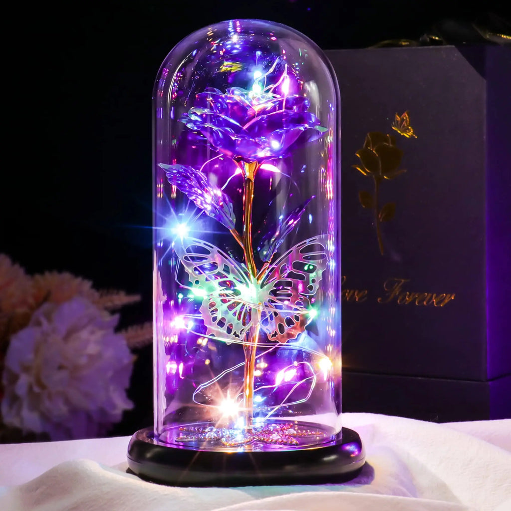 Rosa Galaxy de Cristal en Cúpula de Vidrio con LED — Regalo Cumpleaños, Mamá, Abuela y Esposa